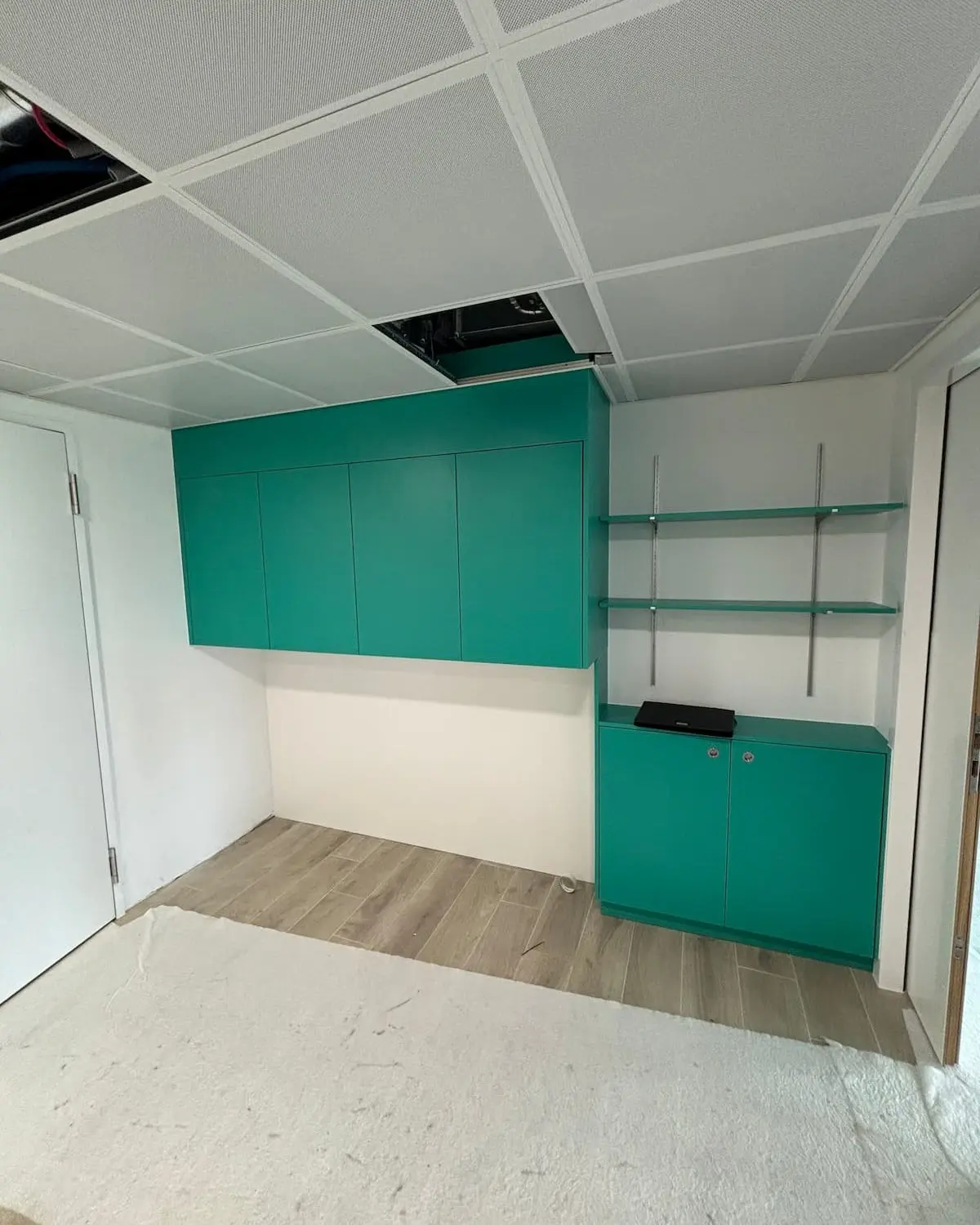 Meuble de rangement vert sur mesure réalisé par Menuiserie Chessex à Genève